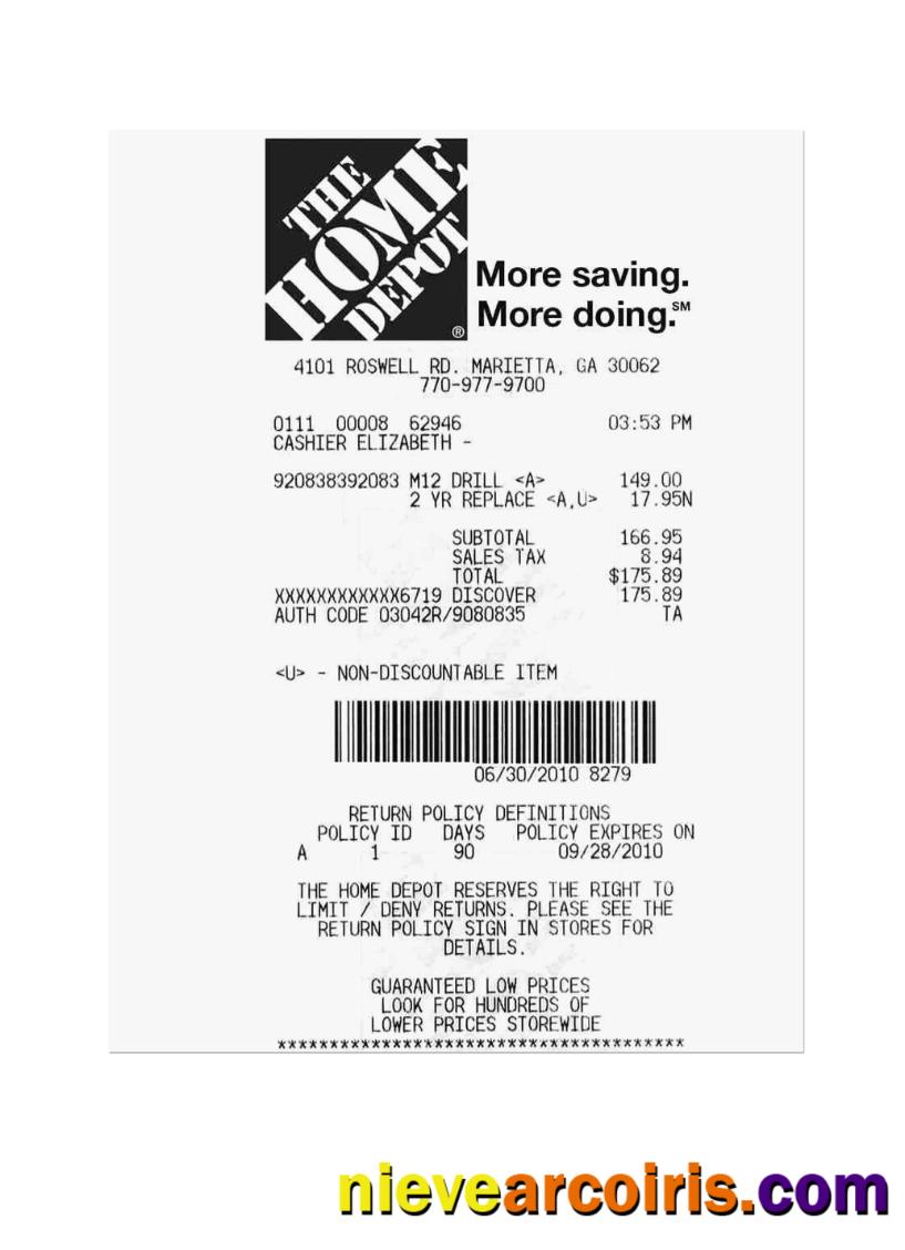 THE HOME DEPOT Payment Receipt Template