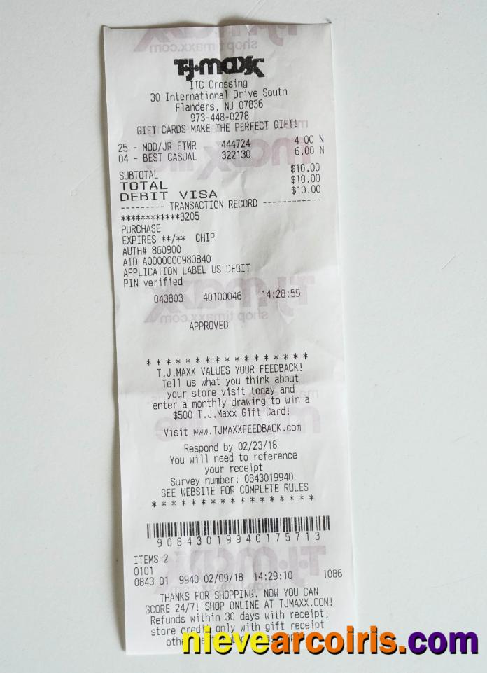 TJ Maxx Shop Receipt Sample