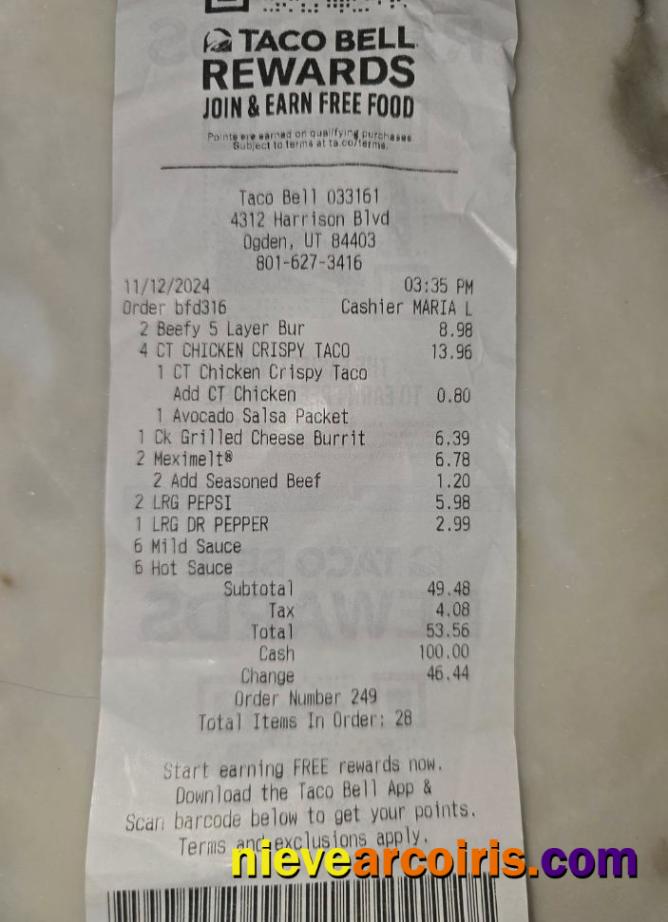 Taco Bell Rewards Payment Receipt Preview