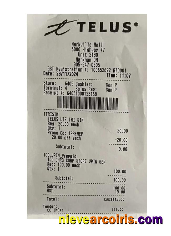 Telus Company Payment Receipt Preview