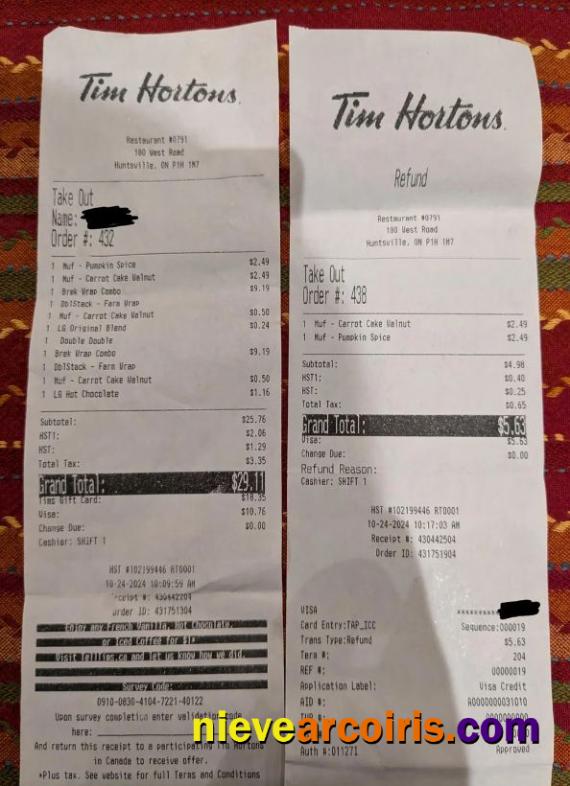 Tim Hortons Company Payment Receipt Preview
