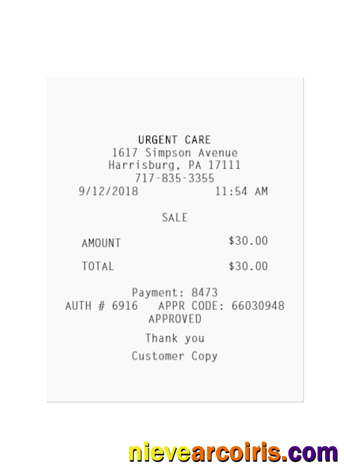 URGENT CARE Payment Receipt Sample