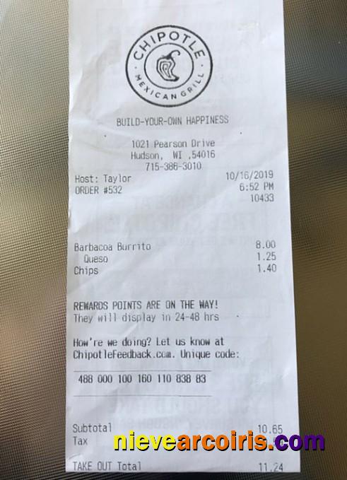 USA Chipotle Restaurant Payment Receipt Photolook