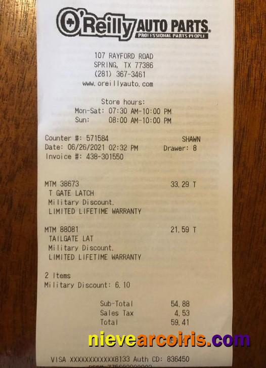 USA O'Reilly Auto Parts Payment Receipt Preview