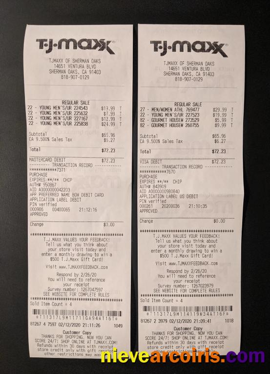 USA TJ Maxx Payment Receipt Sample