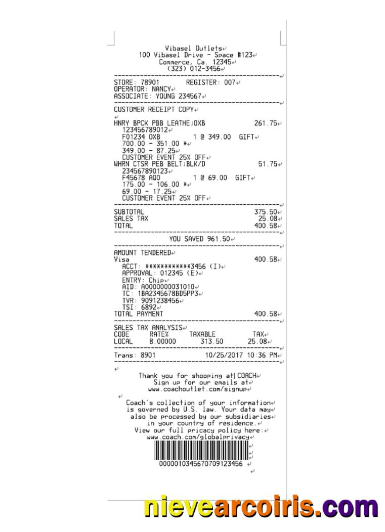 VIBASEL OUTLETS Payment Receipt Sample