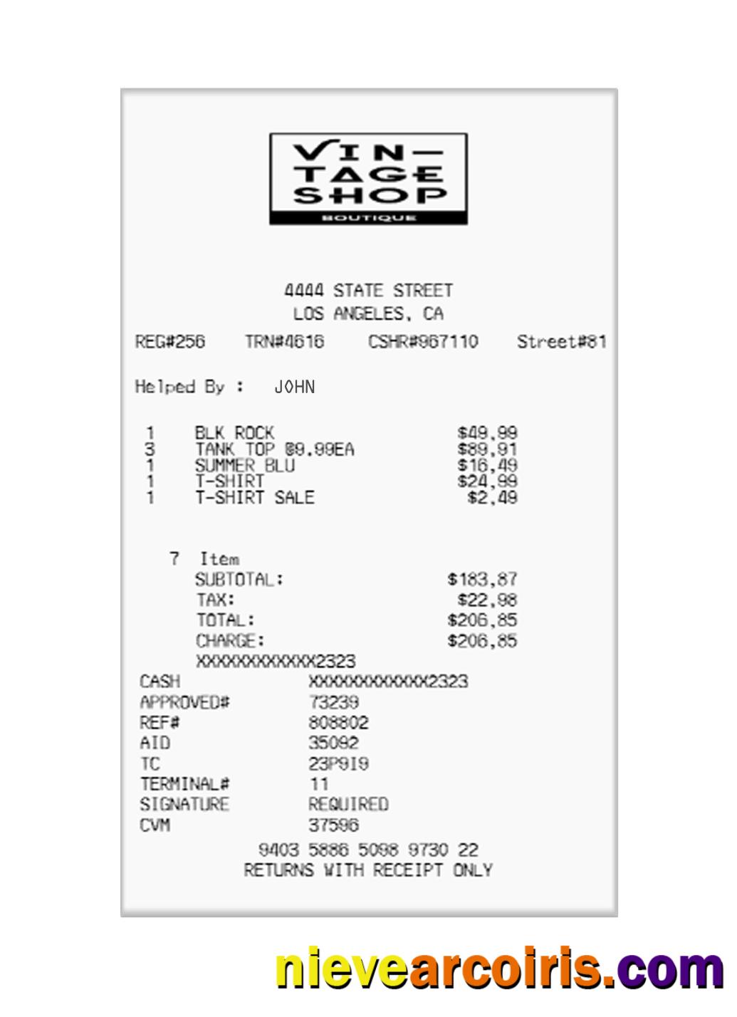 VIN TAGE SHOP Receipt Sample