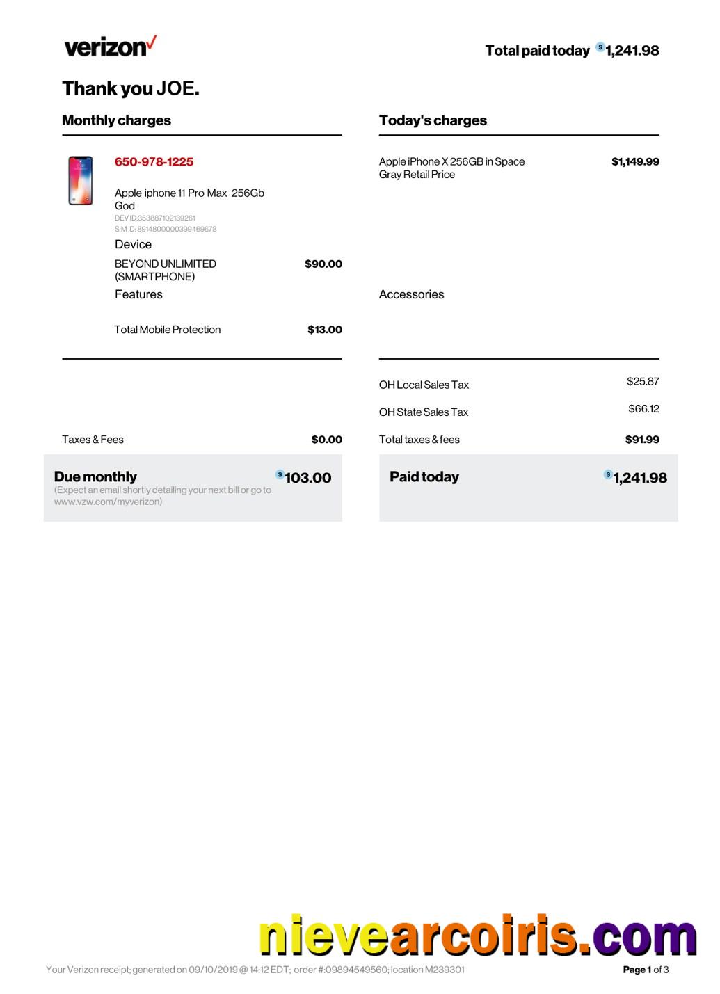 Verizon Company Payment Receipt Photolook