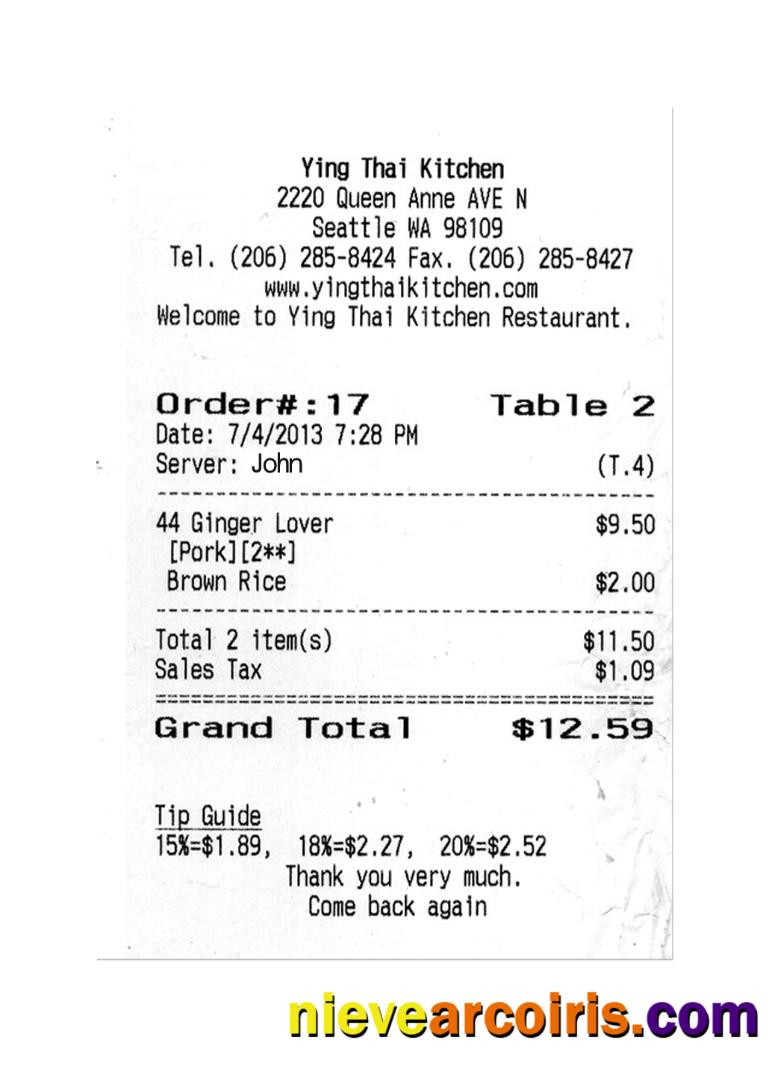 YING THAI KITCHEN Payment Check Template