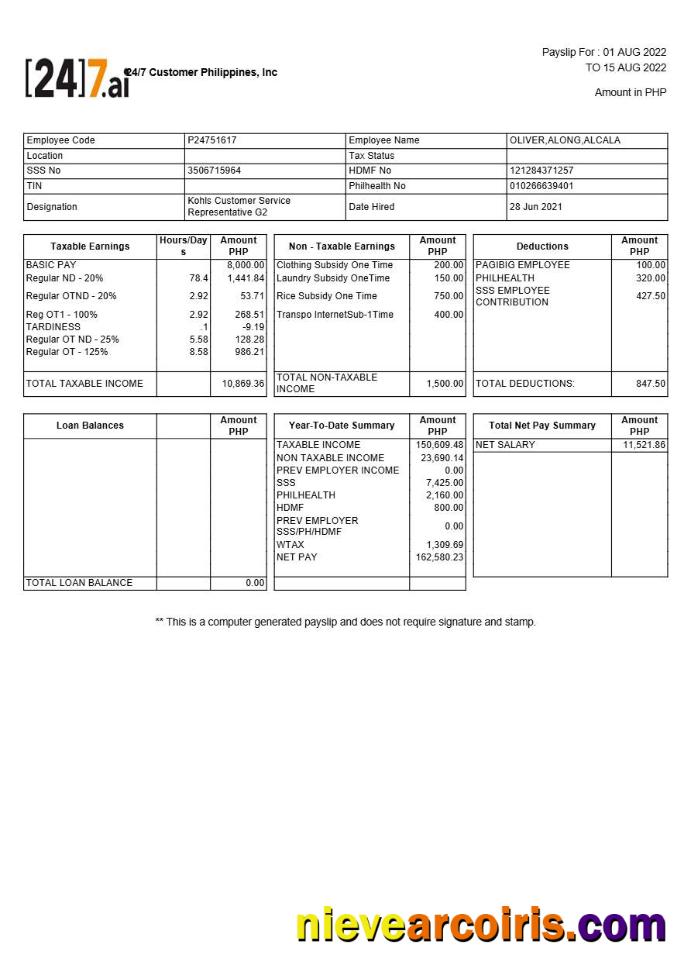 Professional 24 7 Customer Philippines Payslip Template In Word And PDF Formats.pdf, 1