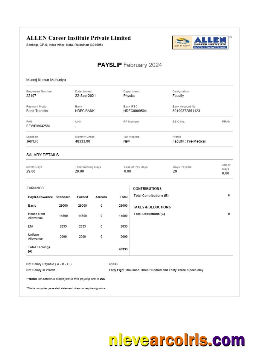 Realistic ALLEN Career Institute Payslip Template In Word And PDF Formats.pdf, 1