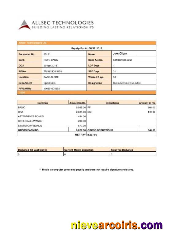 ALLSEC Building Technologies Payslip In Word And PDF Formats Template
