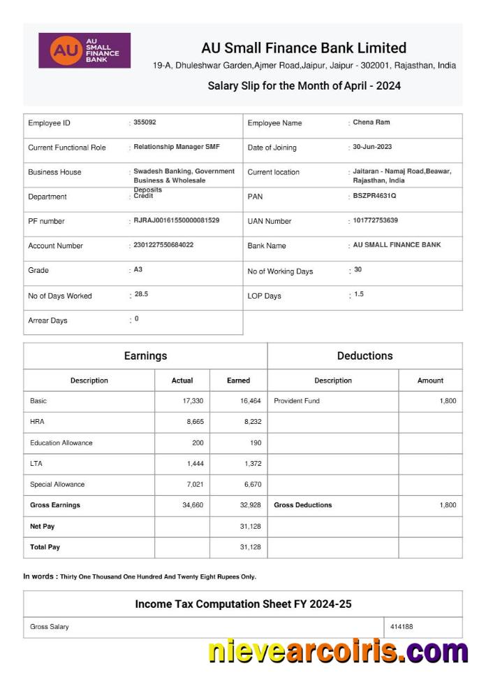 Realistic AU Small Finance Bank Salary Slip Template In Word And PDF Formats.pdf, 1