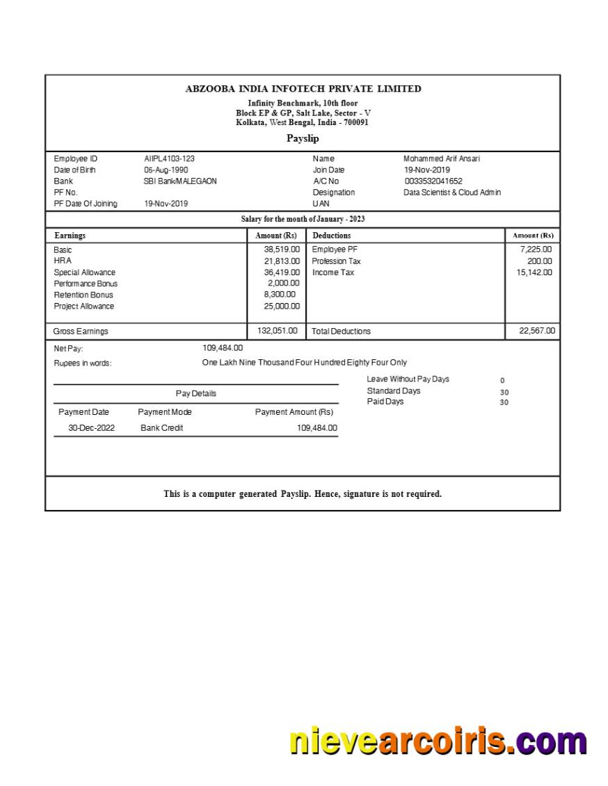 Realistic Abzooba India Infotech Payslip Template In Word And PDF Formats.pdf, 1
