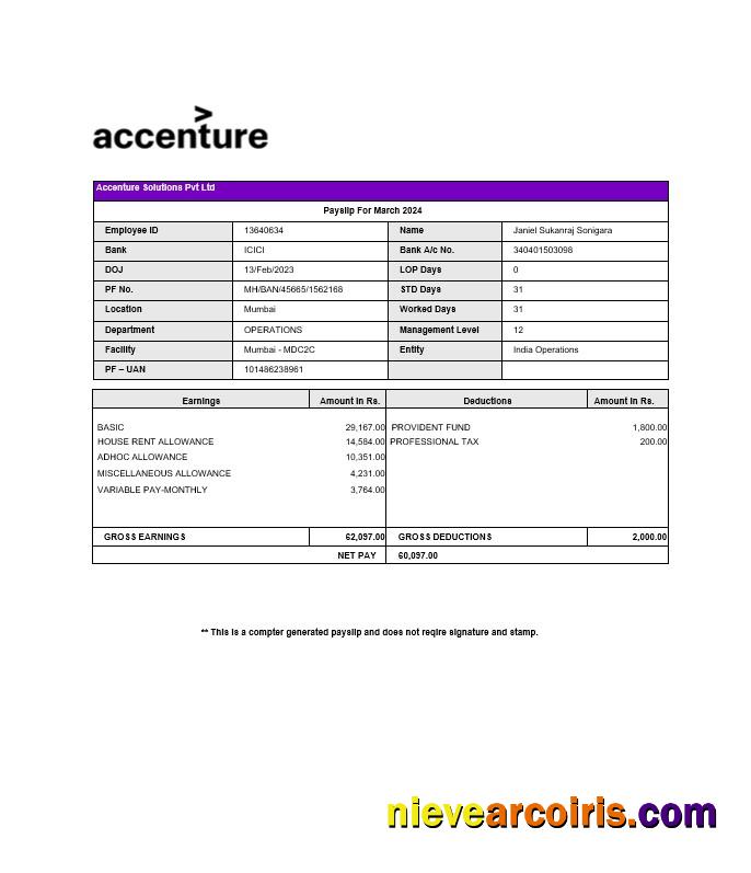 Accenture Solutions Payslip Template