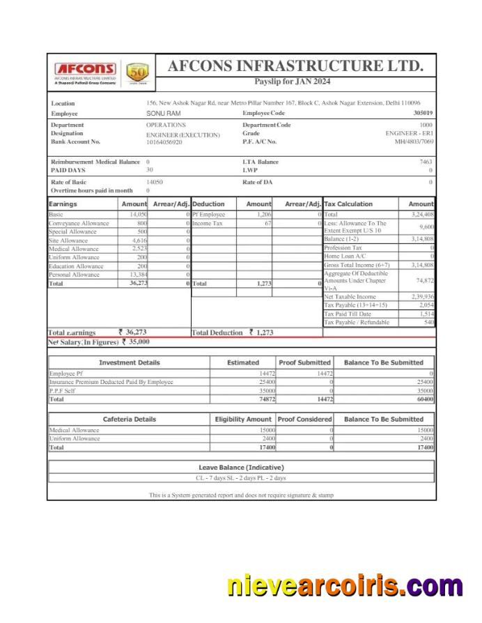 Editable Afcons Infrastructure Payslip Template In Word And PDF Formats.pdf, 1