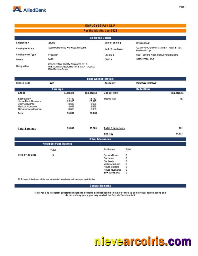 Premium Allied Bank Employee Payslip Template In Word And PDF Formats.pdf, 1