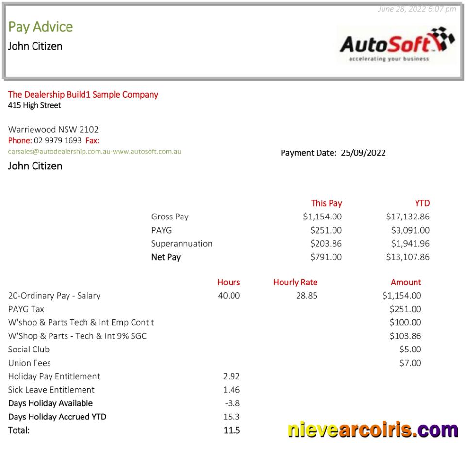 Australia NSW AutoSoft Payslip Template