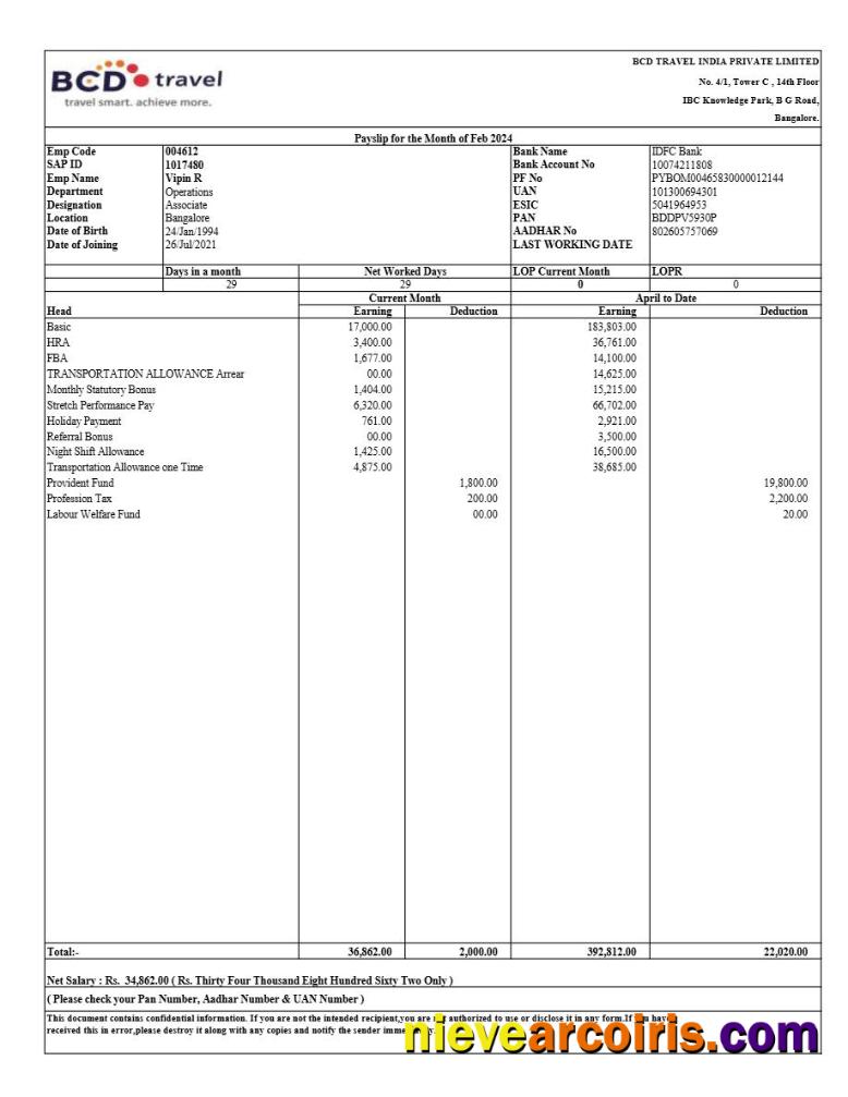 Editable BCD Travel India Payslip Template In Word And PDF Formats.pdf, 1
