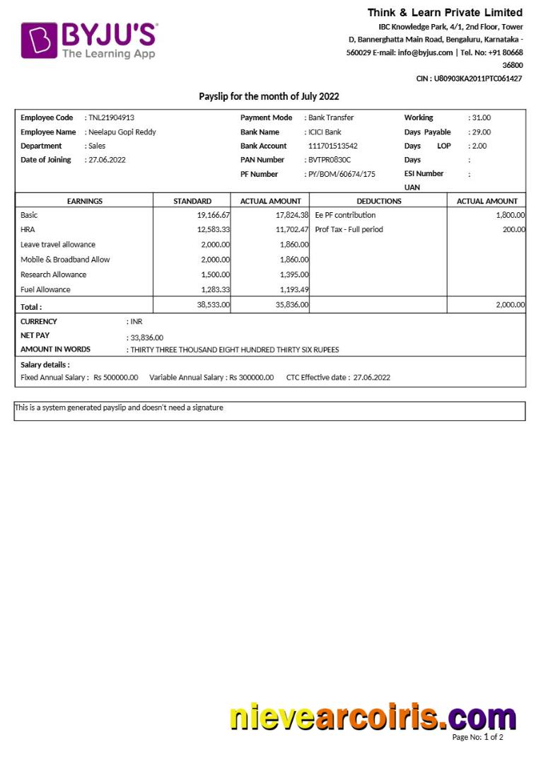 Professional BYJU S Learning App Payslip Template In Word And PDF Formats.pdf, 1