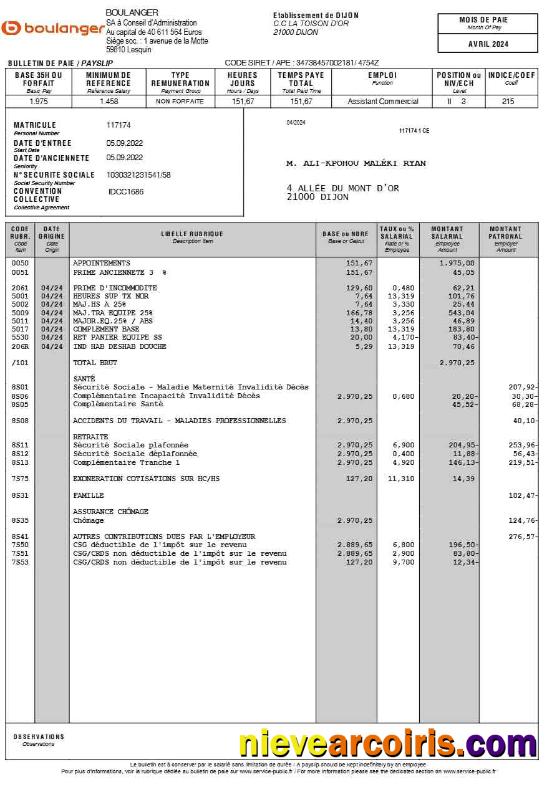 Editable Boulanger Payslip (in French Language) Template In Word And PDF Formats.pdf, 1