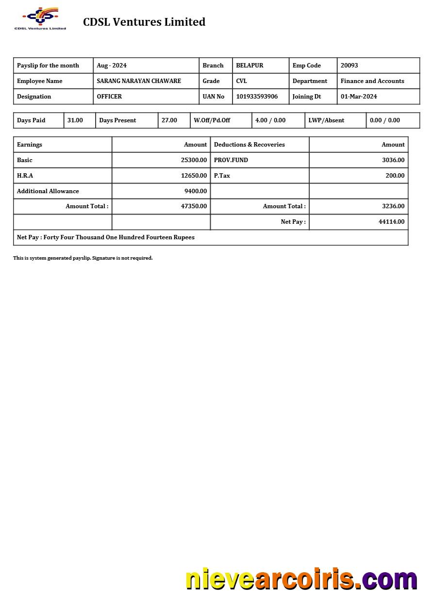Editable CDSL Ventures Limited Payslip Template In Word And PDF Formats.pdf, 1