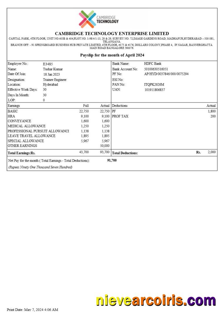 Premium Cambridge Technology Enterprises Payslip Template In Word And PDF Formats.pdf, 1