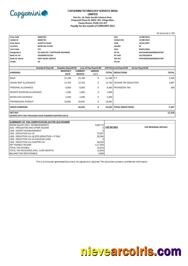 Realistic Capgemini Technology Services India Payslip Template In Word And PDF Formats.pdf, 1