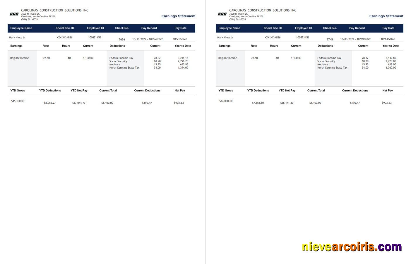 Carolinas Construction Solutions Paystub Sample