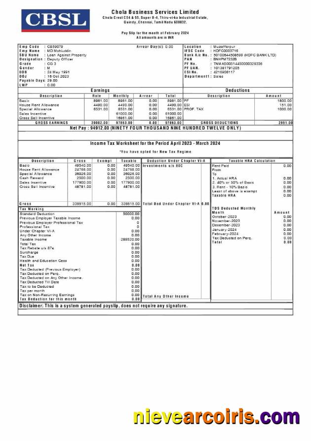 Editable Chola Business Services Payslip Template In Word And PDF Formats.pdf, 1