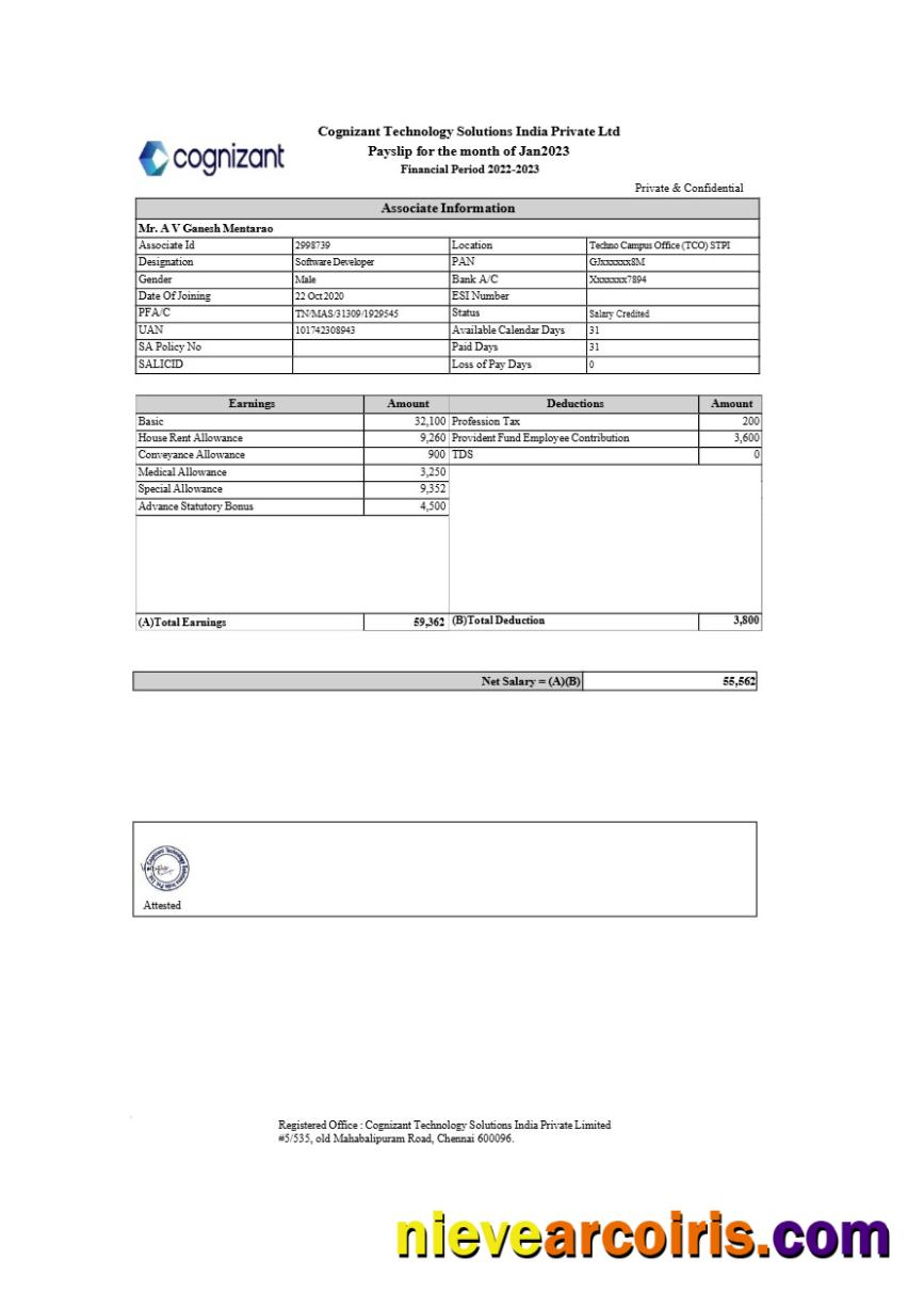 Realistic Cognizant Technology Solutions India Payslip Template In Word And PDF Formats.pdf, 1