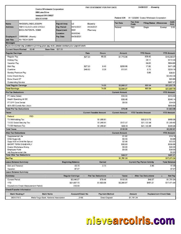 Editable Costco Wholesale Corporation Pay Statement Template In Word And PDF Formats.pdf, 1