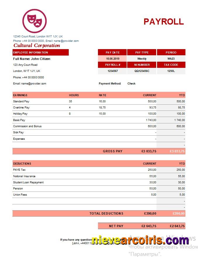 Professional Cultural Corporation Payroll Template In Excel And PDF Formats
