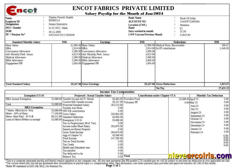 Premium Encot Fabrics Corporate Office Payslip Template In Word And PDF Formats.pdf, 1