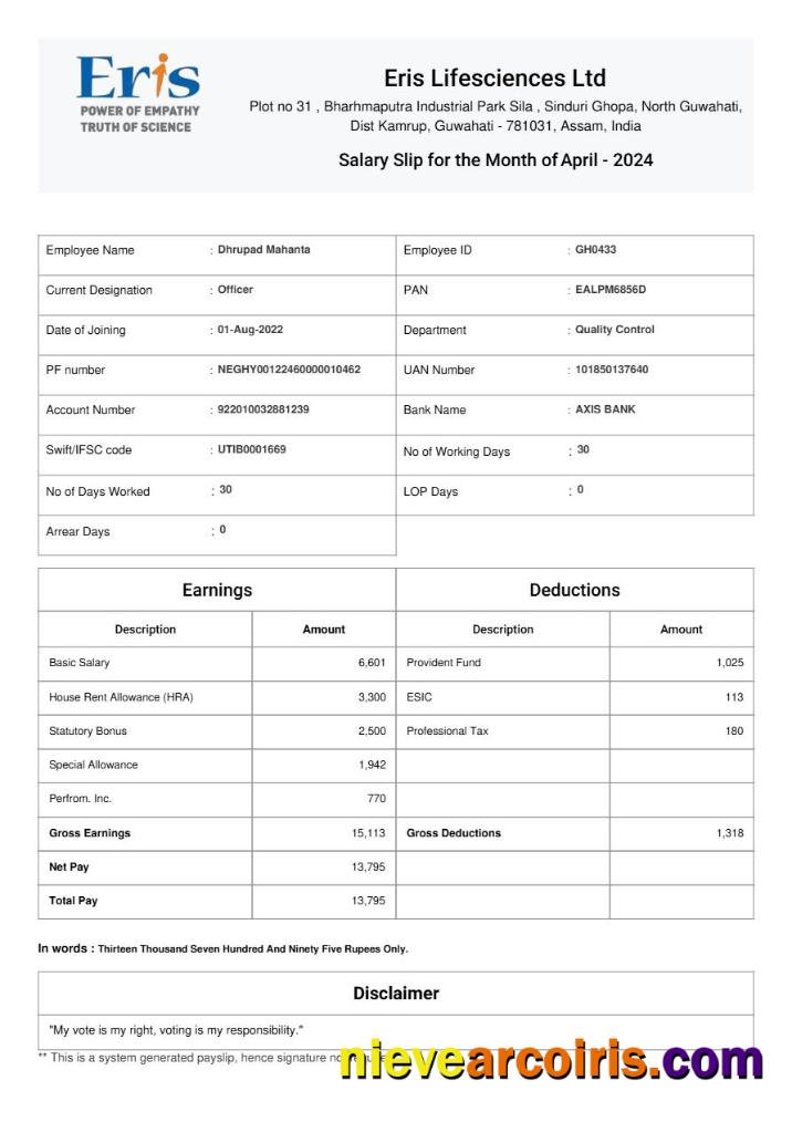 Editable Eris Lifesciences Salary Slip Template In Word And PDF Formats.pdf, 1