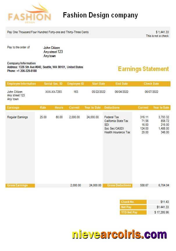 Professional Fashion Company Payslip Template In Word And PDF Formats