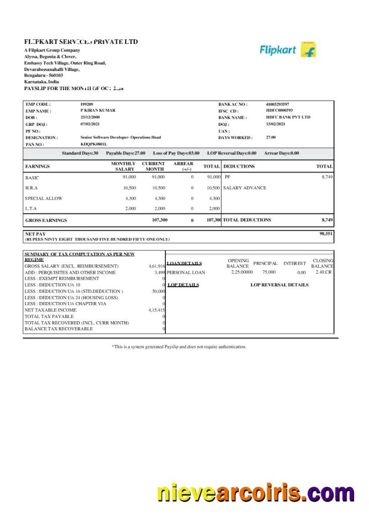 Editable Filpkart Services Payslip Template In Word And PDF Formats.pdf, 1