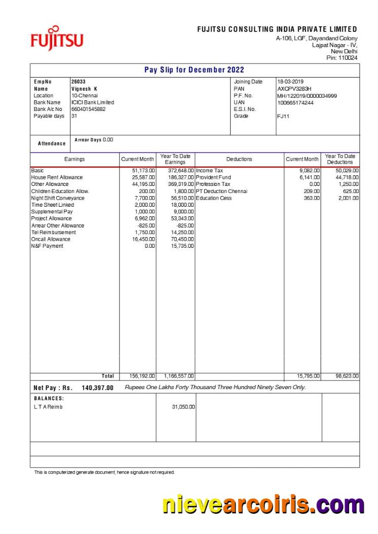 Professional Fujitsu Consulting India Payslip Template In Word And PDF Formats.pdf, 1