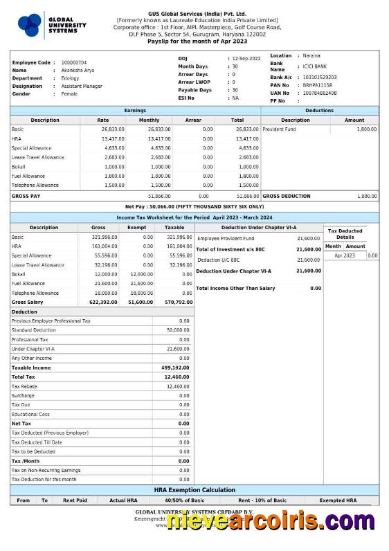 Realistic GUS Global Services India Payslip Template In Word And PDF Formats.pdf, 1