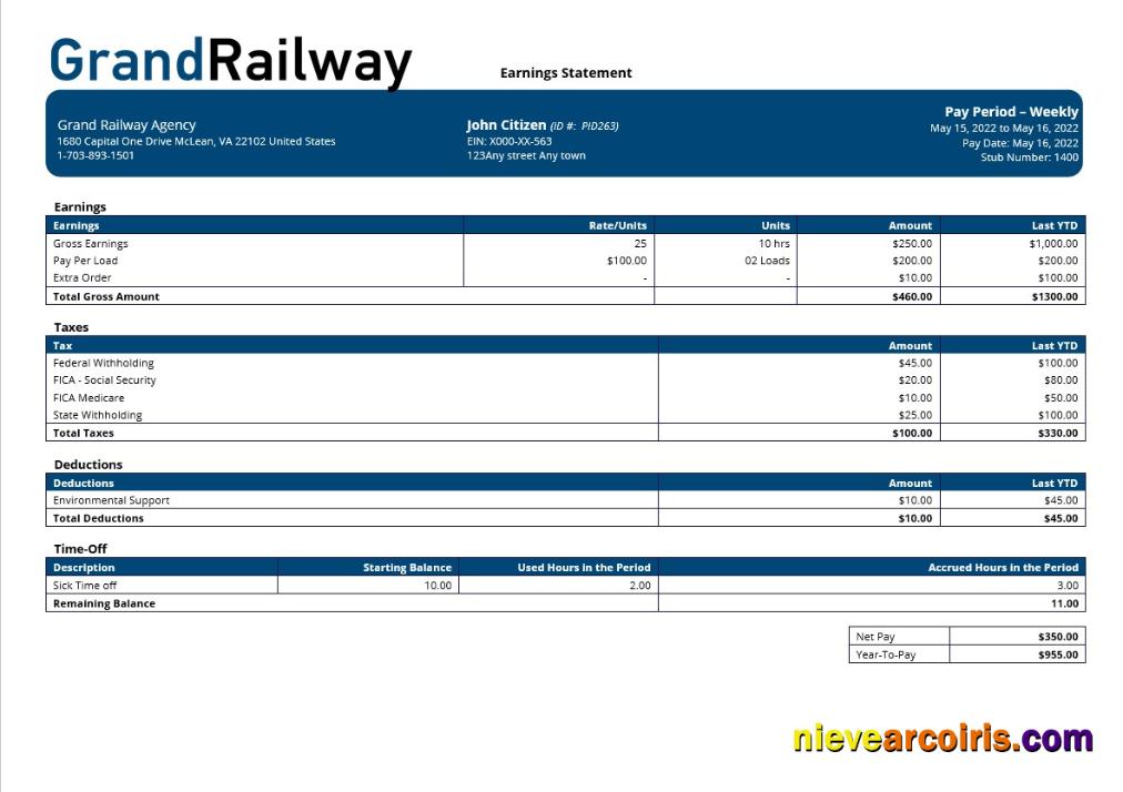 Premium Grand Railway Company Paystub Template In Word And PDF Formats
