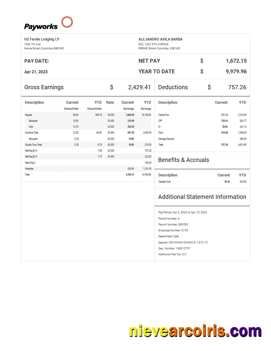 Realistic H2 Fernie Lodging LP Pay Statement Template In Word And PDF Formats.pdf, 1