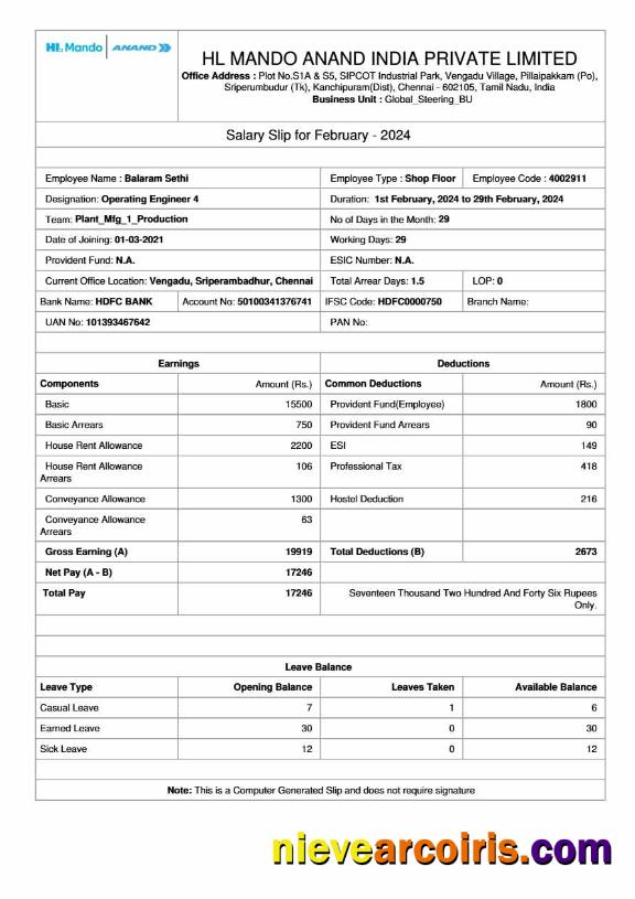 Professional HL Mando Anand India Manufacturer Salary Slip Template In Word And PDF Formats.pdf, 1