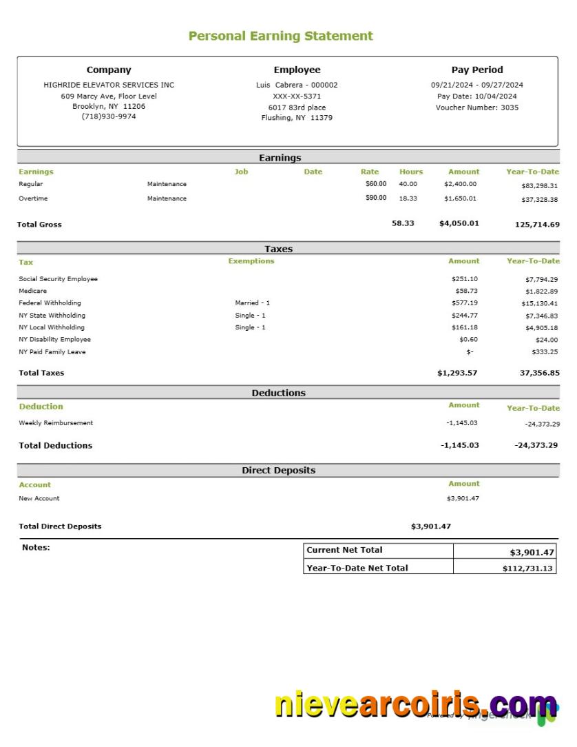 Premium Highride Elevator Services INC Personal Earning Statement Template In Word And PDF Formats.pdf, 1