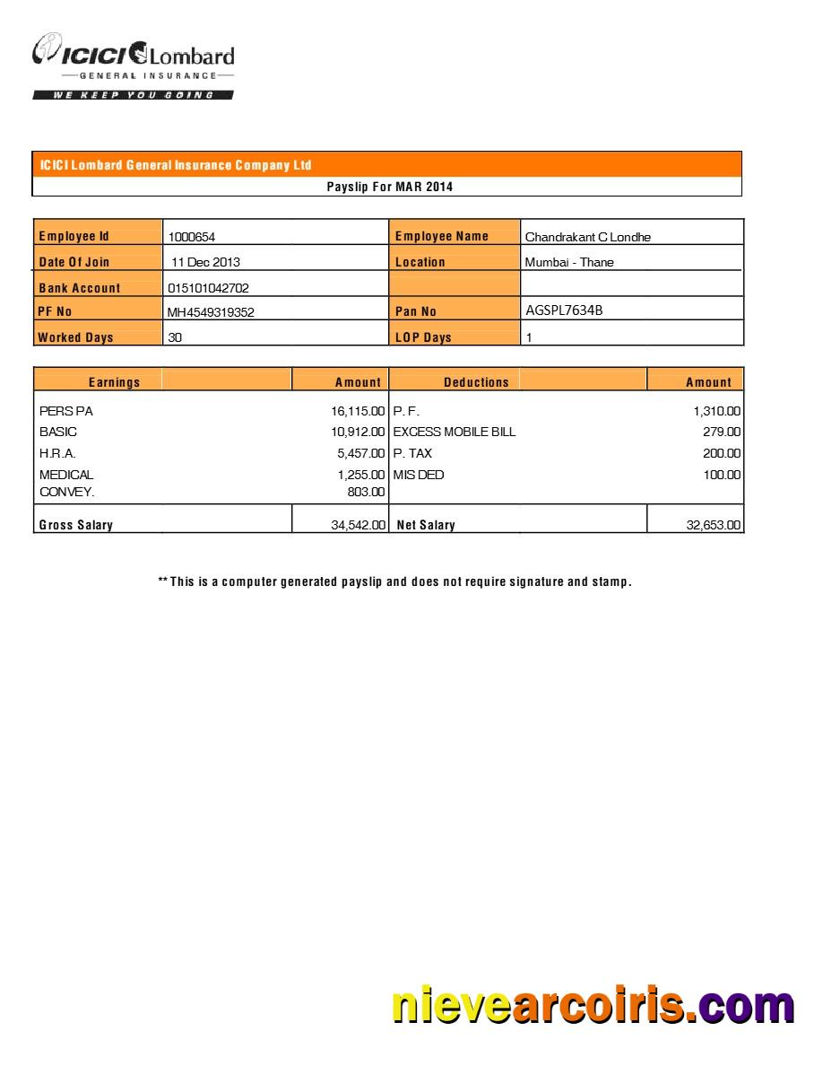 Premium ICICI Lombard General Insurance Company Payslip Template In Word And PDF Formats.pdf, 1