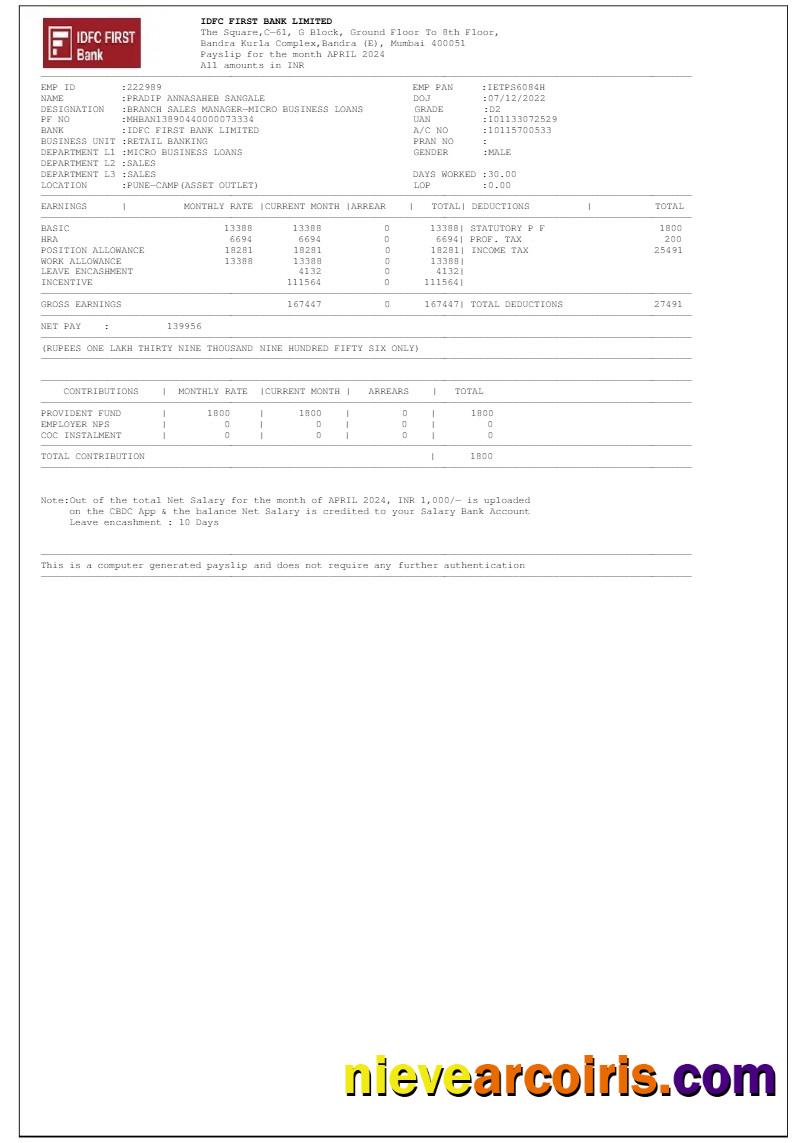 Professional IDFC First Bank LTD Payslip Template In Word And PDF Formats.pdf, 1
