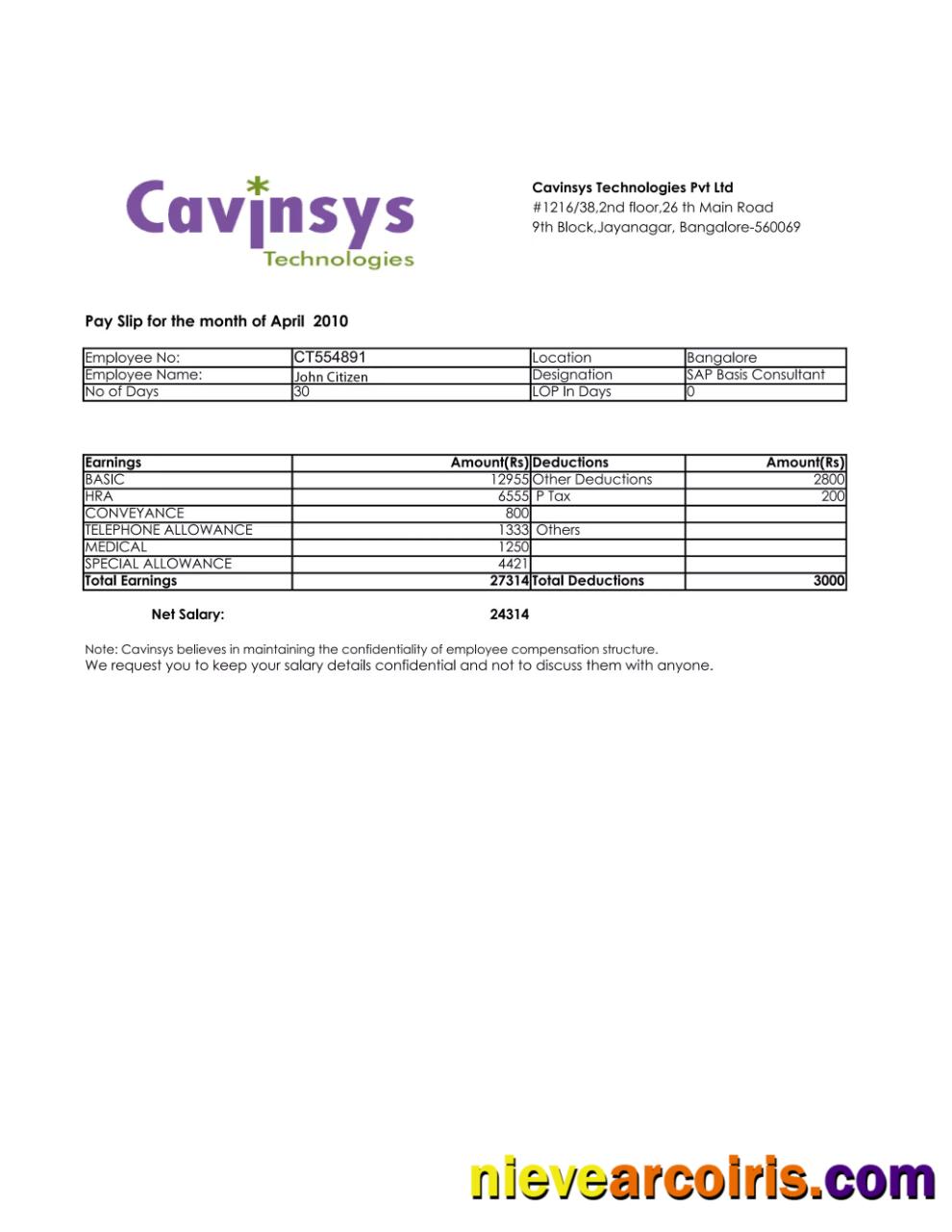 INDIA CAVINSYS Technologies Pvt Ltd Payslip In Word And PDF Formats Template