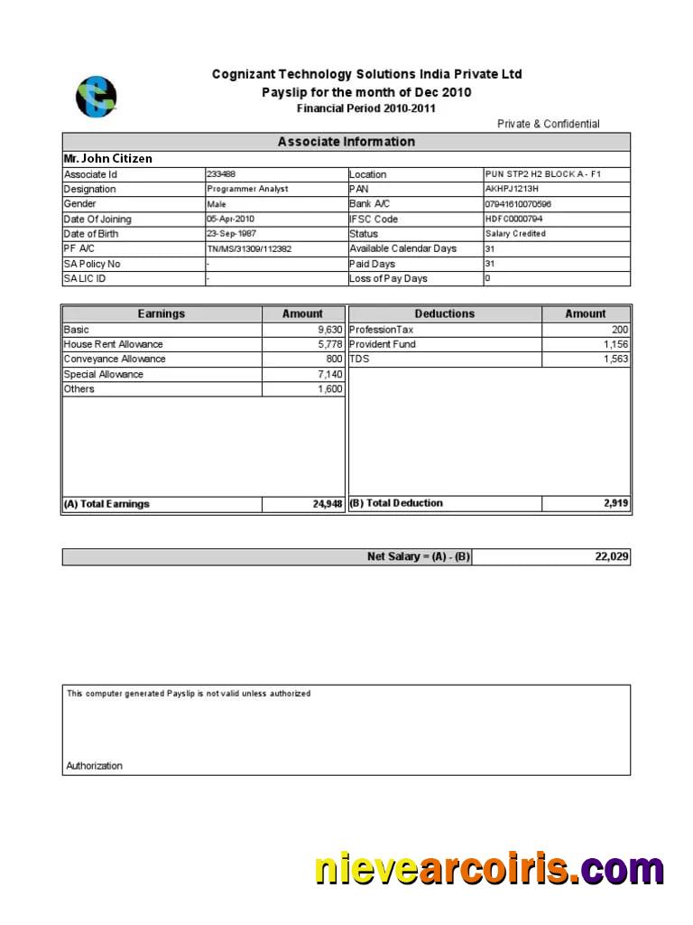 INDIA COGNIZANT Technology Solutions India Private Ltd Payslip In Word And PDF Formats Template
