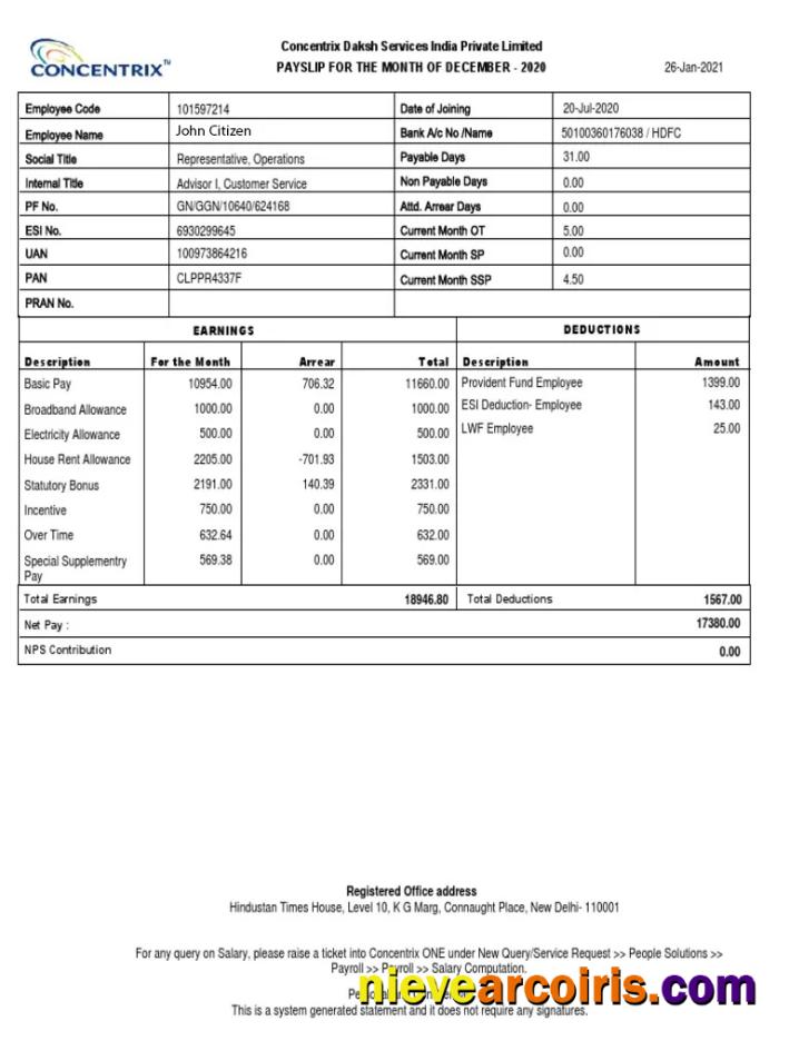 INDIA CONCENTRIX Daksh Services India Private Limited Payslip In Word And PDF Formats Photolook