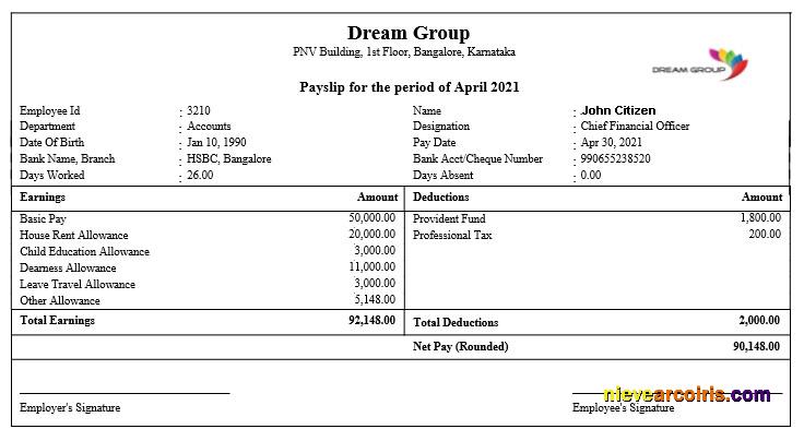 INDIA DREAM Group Payslip In Word And PDF Formats Photolook
