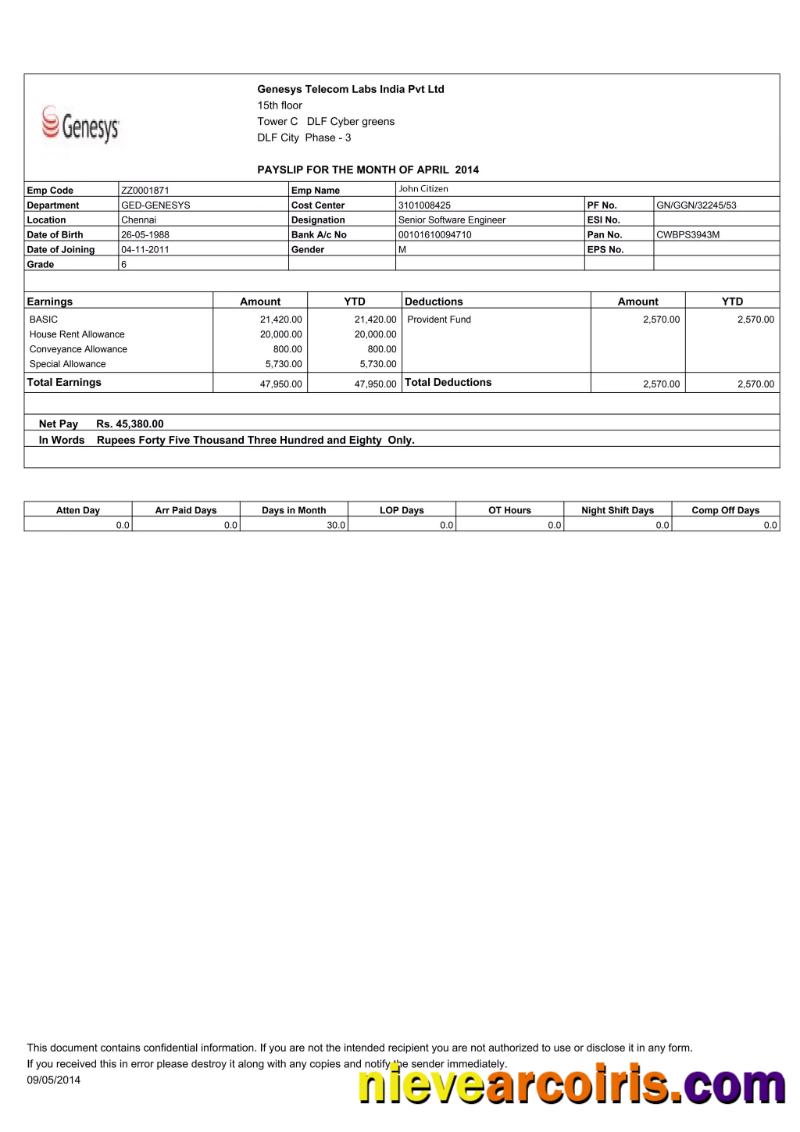 INDIA GENESYS Telecom Labs India Pvt Ltd Payslip In Word And PDF Formats Sample